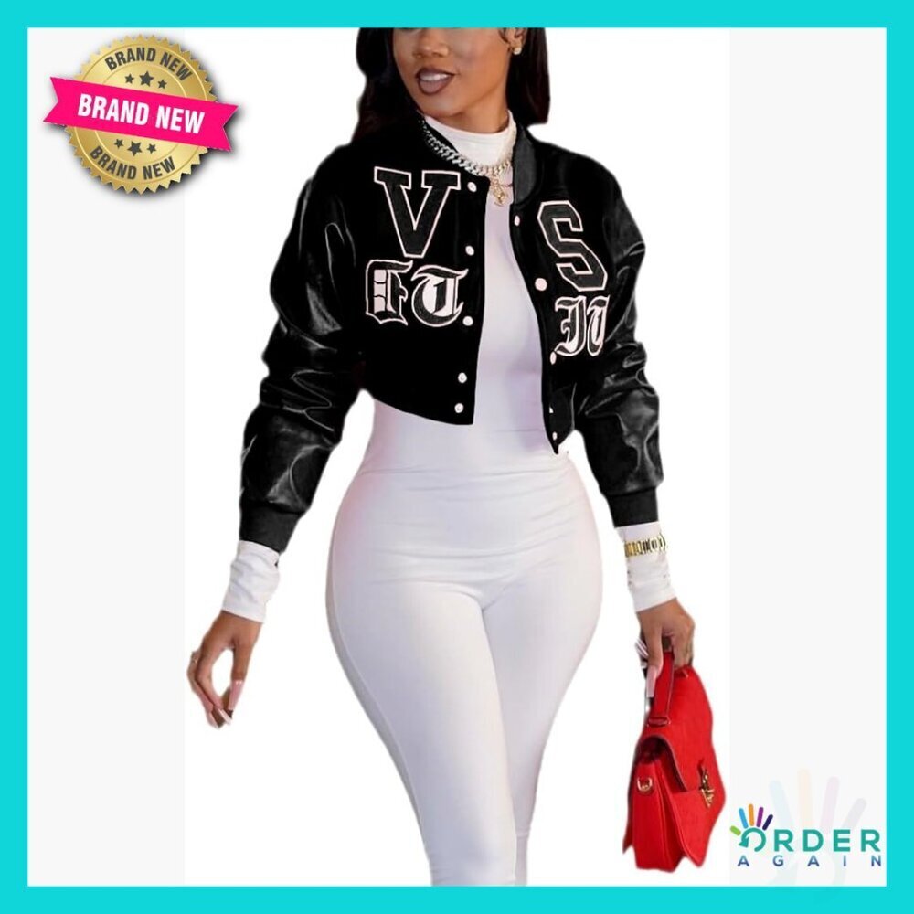 Cropped Faux Leather Varsity Jacket Button Down Letter Embroidery Streetwear